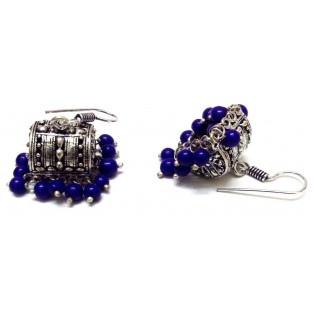 Silver Oxidized Earring - Hook Dangle Drop Tribal - Magic Box with Blue Beads 4